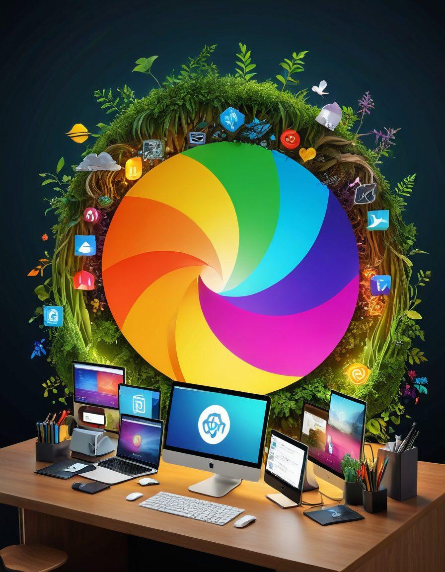 A stunning visualization of the GNU/Linux logo transforming into various colorful open-source applications, with a backdrop of a serene digital landscape filled with lush greenery and flowing data streams. Show users interacting joyfully with their customized desktops, each exhibiting unique themes and vibrant icons, radiating creativity and community spirit. super-realistic. vibrant colors. 3D.